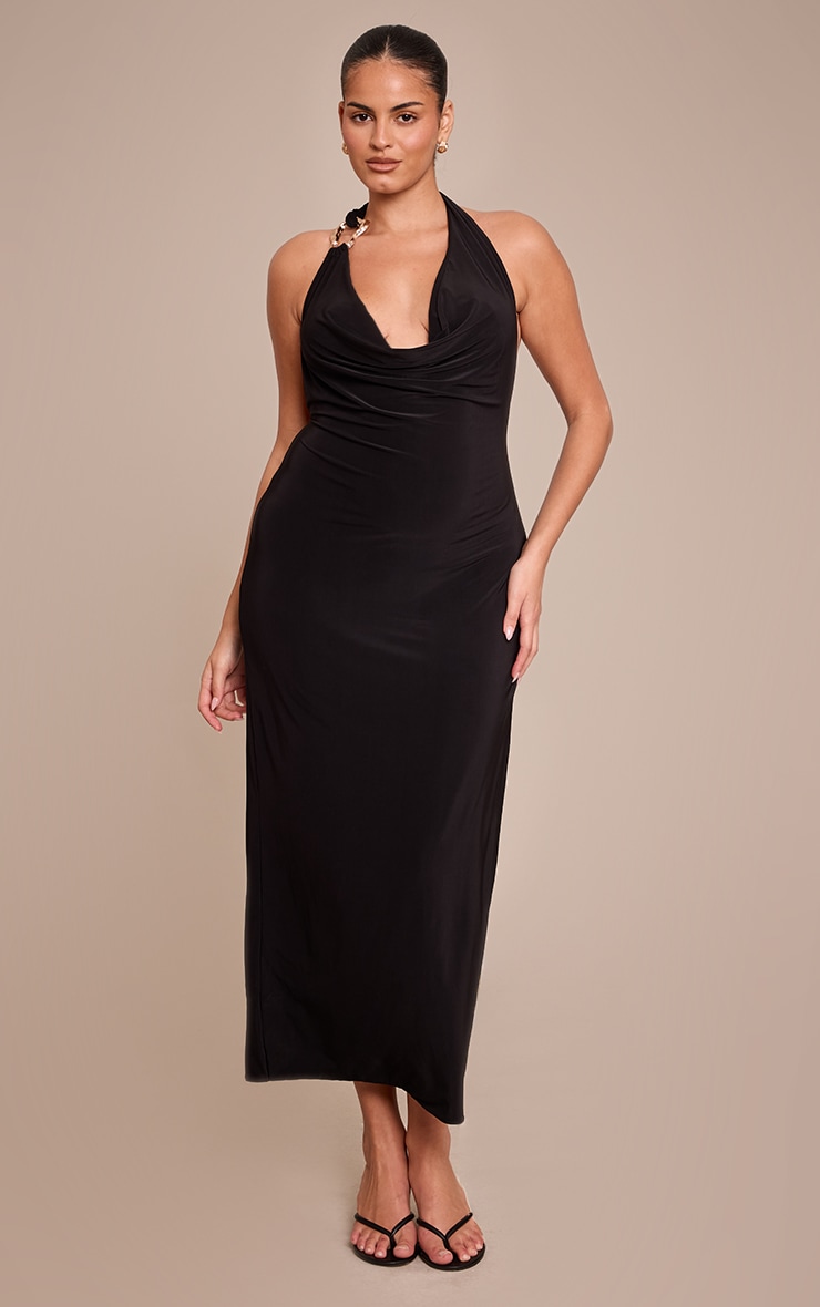 Plus Black Slinky Halterneck Buckle Detail Maxi Dress