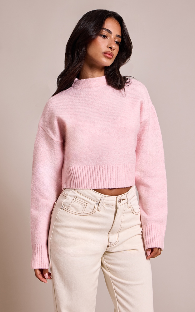 Petite Baby Pink Knit High Neck Crop Sweater image 1