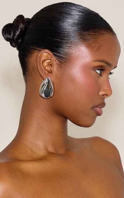 Silver Sculpted Tear Drop Oversized Stud Earrings