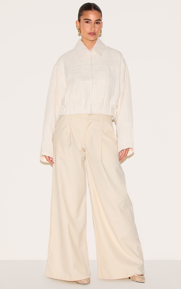 Cream Textured Zip Up Bomber Jacket | Outerwear