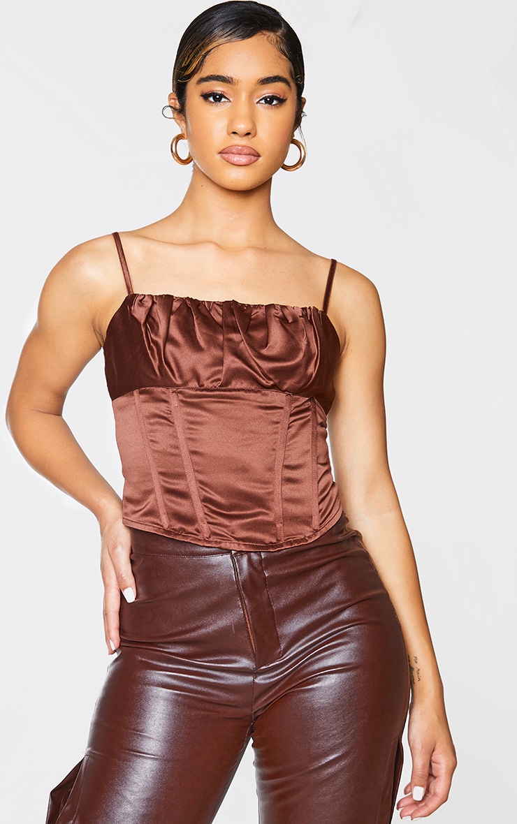 Chocolate Woven Ruched Bust Corset Long Top