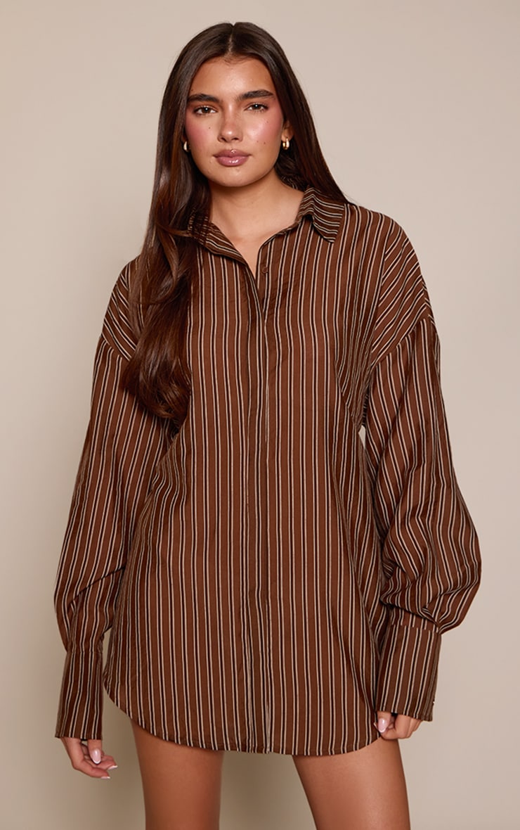Brown Striped Tie Back Shirt Dress image 1