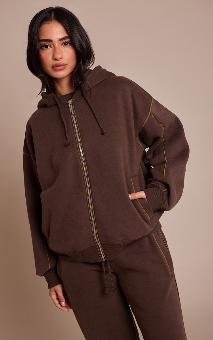 Petite Chocolate Contrast Seam Drawcord Full Zip Hoodie