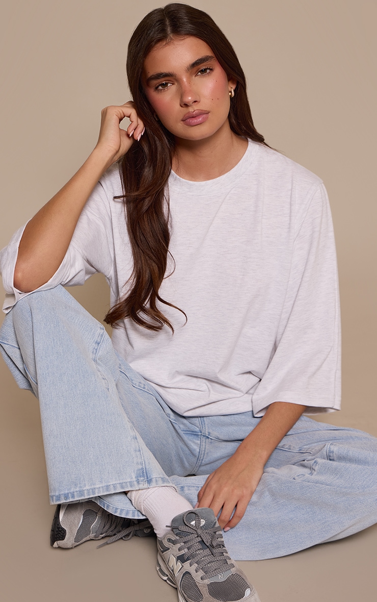 Grey Marl Cotton Oversized Extreme Sleeve Detail T-Shirt  image 1