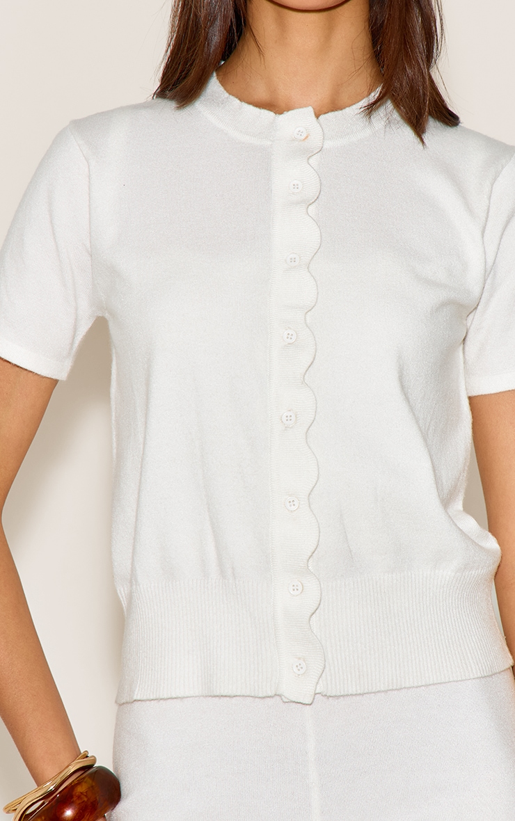 White Soft Knit Scallop Hem Fitted Cardigan image 4