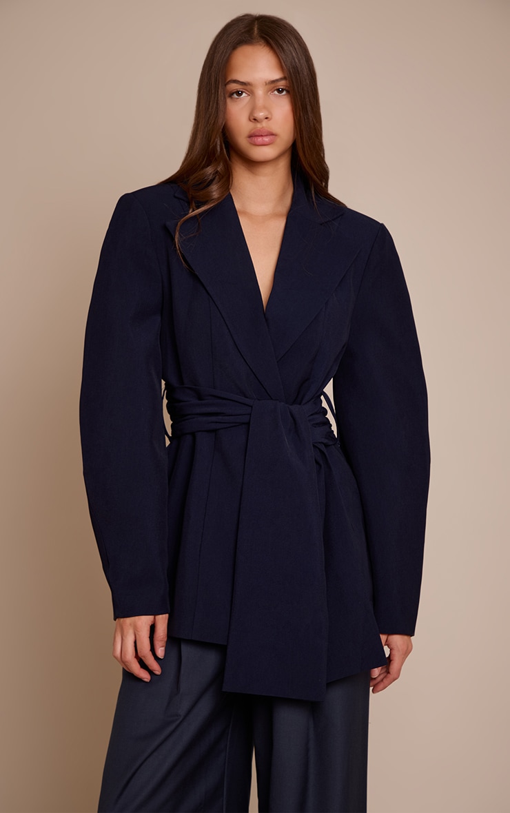Navy Gathered Wrap Waist Belted Blazer image 1