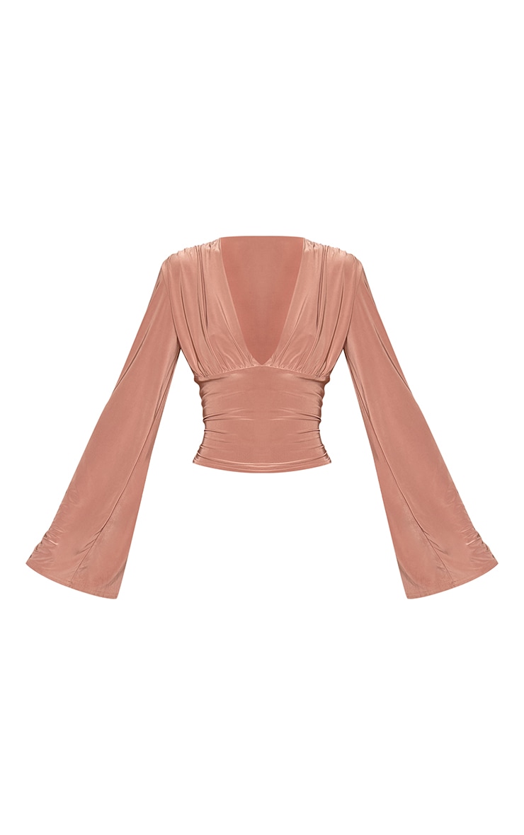  Taupe Double Layer Slinky Drape Plunge Long Sleeve Long Top  image 5