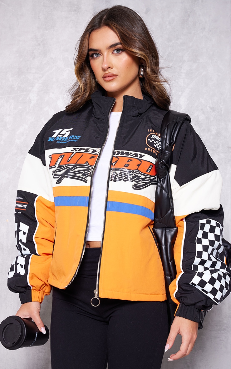 Orange Nylon Oversized Contrast Sleeve Racer Graphic Bomber Jacket