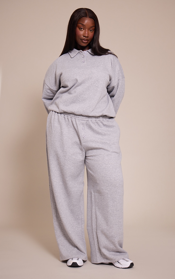 Plus Grey Marl Button Up Long Sleeve Polo Sweatshirt image 3