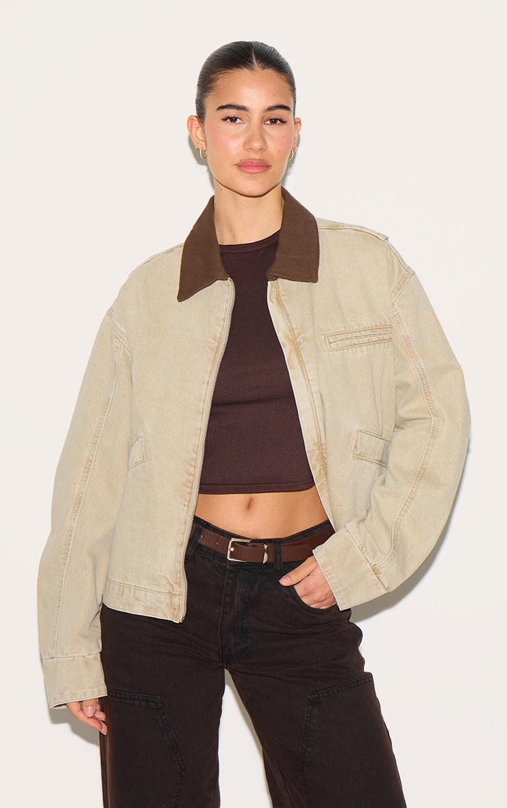 Sand Seam Detail Boxy Denim Carpenter Jacket image 1