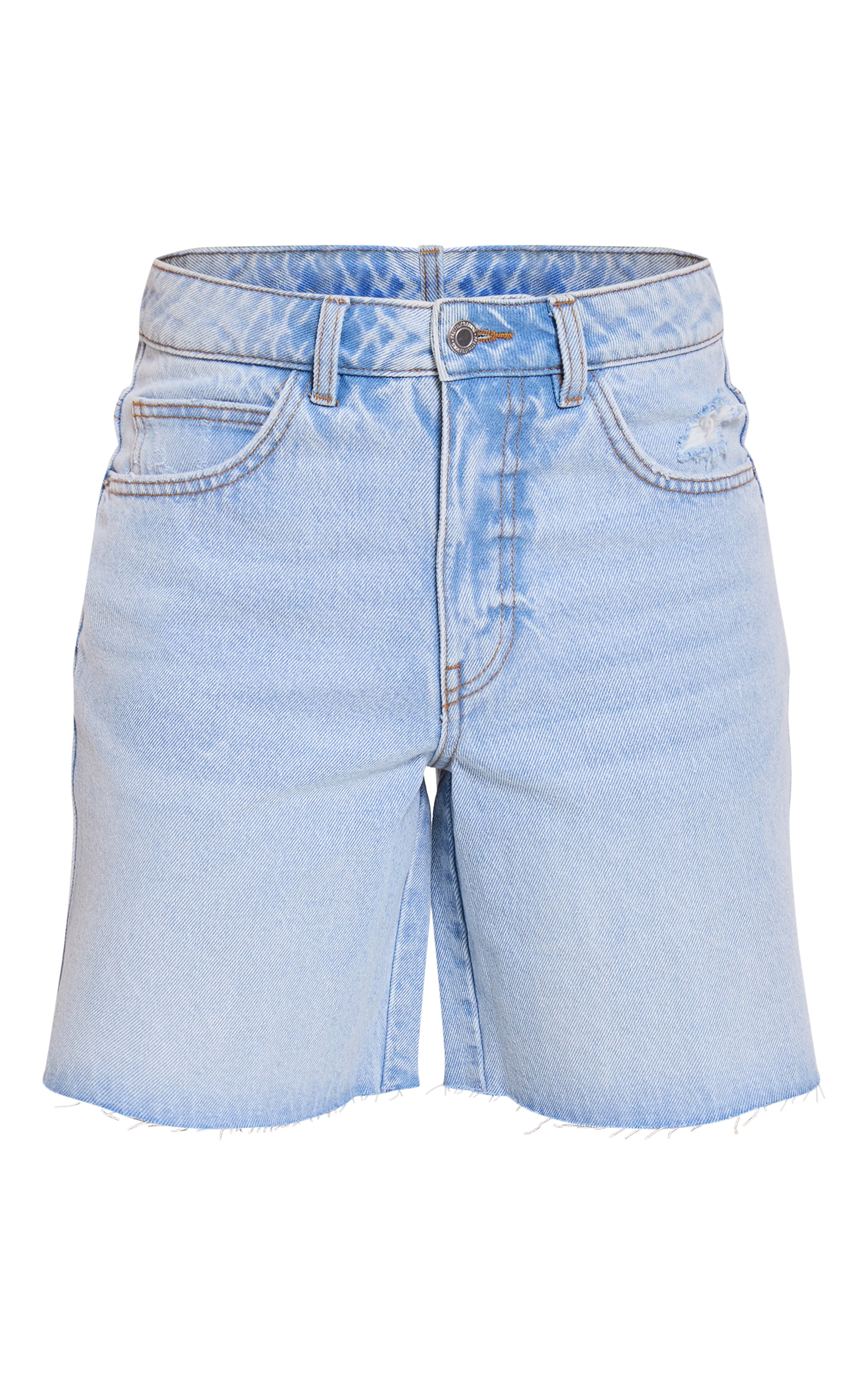 PRETTYLITTLETHING Light Blue Wash Raw Hem Longline Loose Fit Denim Shorts image 6