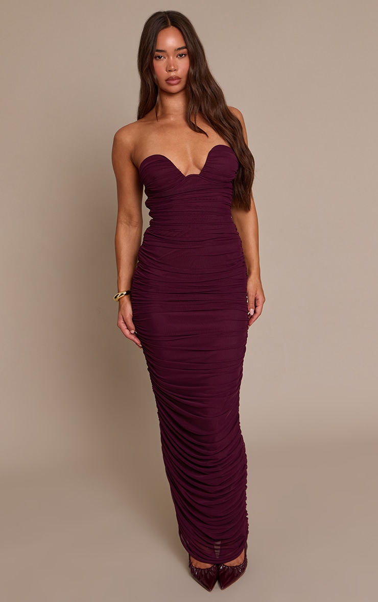 Plum Mesh Ruched Bandeau Maxi Dress