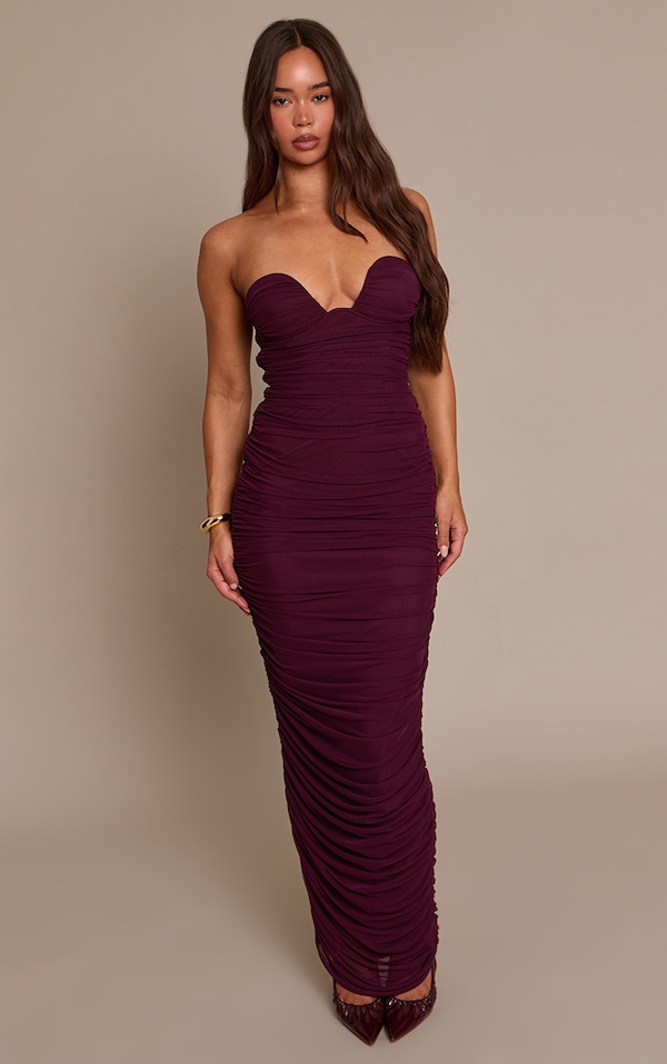 Robe bustier longue en mesh prune froncée