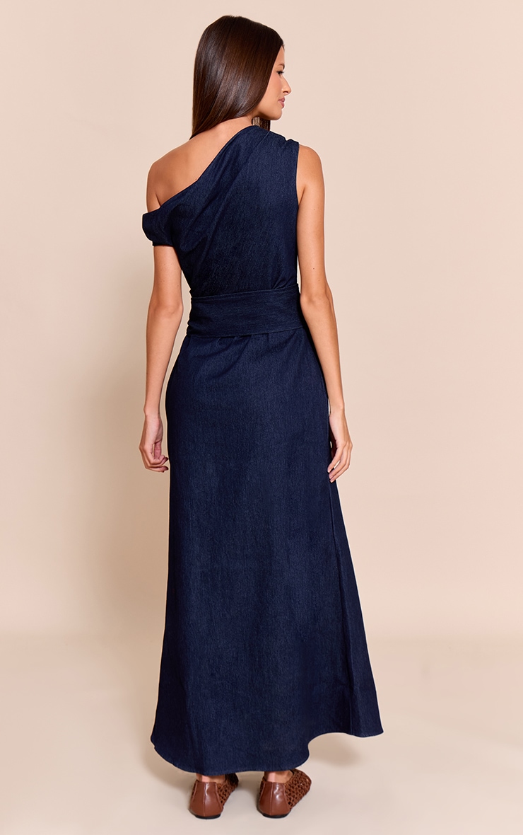 Indigo Blue Chambray Denim Ruched Belted Midaxi Dress image 2