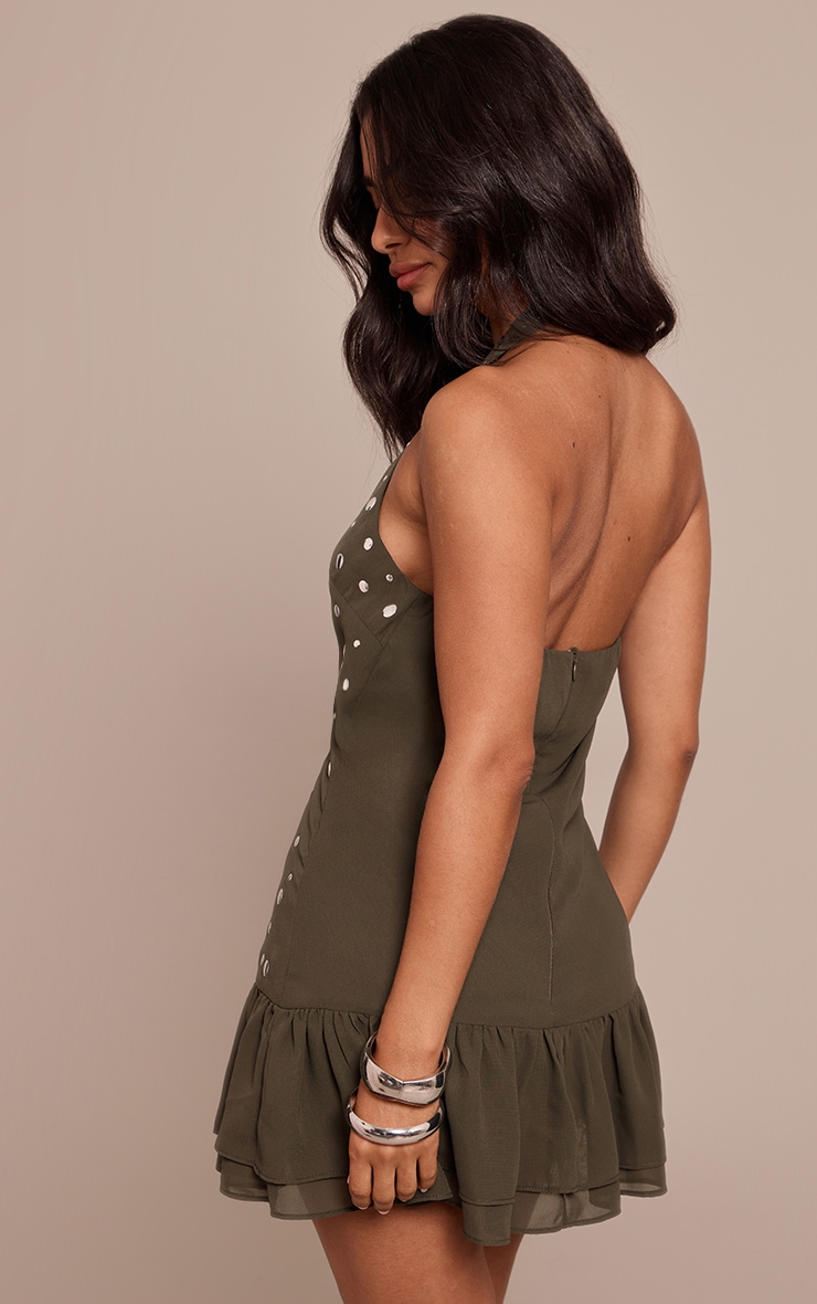 Petite Khaki Ruffle Stud Detail Halterneck Dress image 2