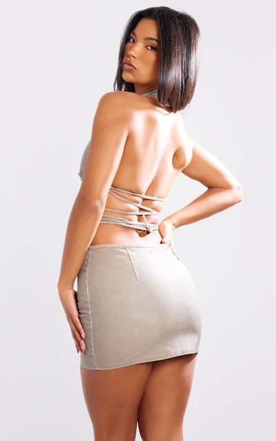 Grey Washed Faux Leather Zip Front Halterneck Corset