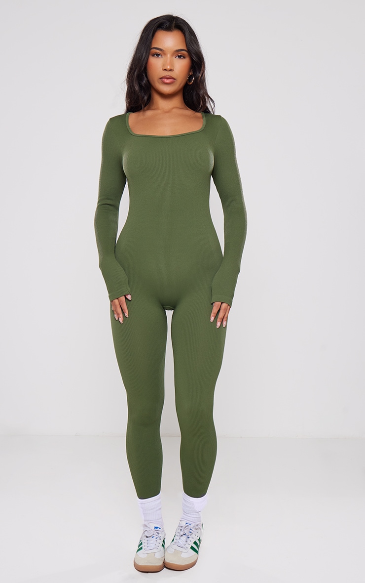 Khaki Contour Rib Square Neck Long Sleeve Jumpsuit Dresses PLT KSA