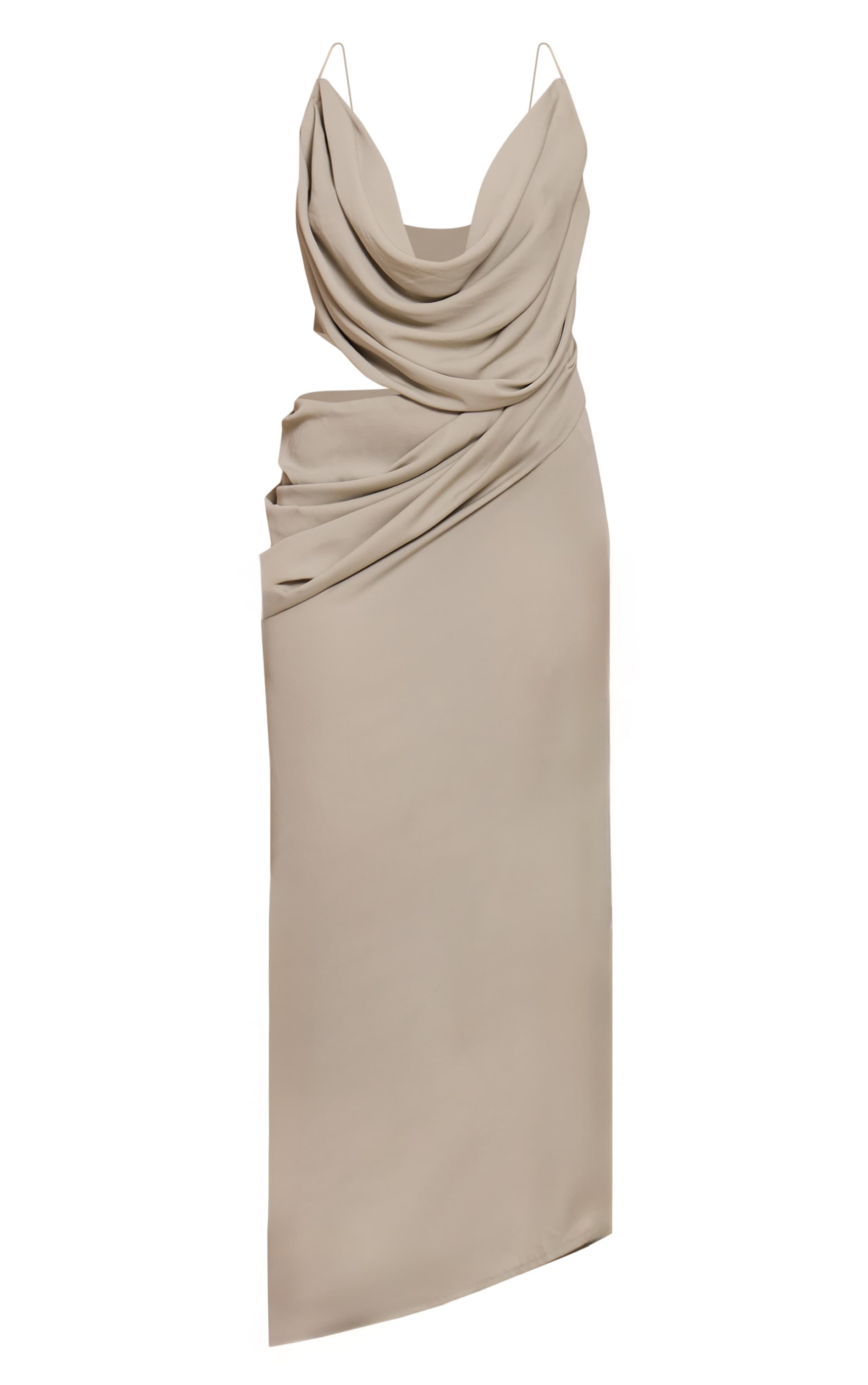 Robe mi-longue en mousseline de soie drapée sauge à découpe image 5