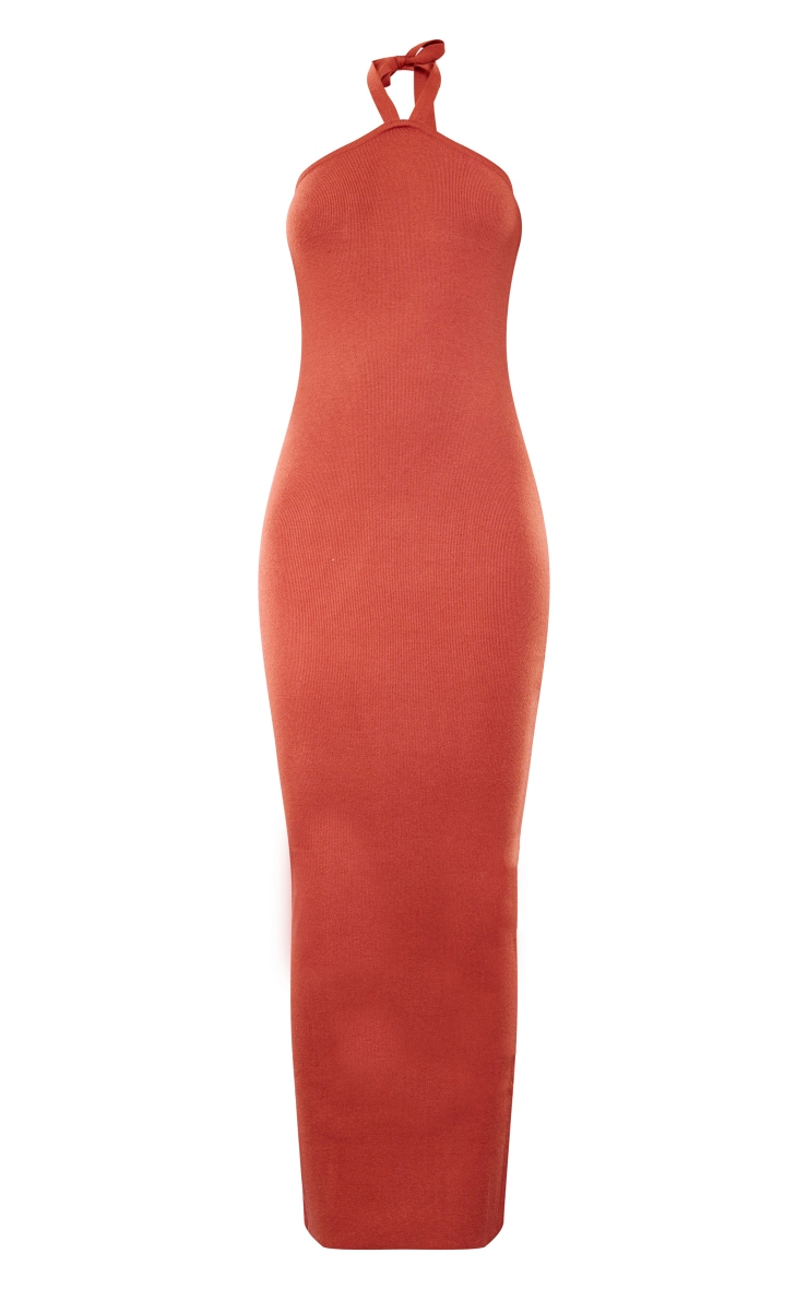 Rust Soft Knit Halter Tie Maxi Dress image 5