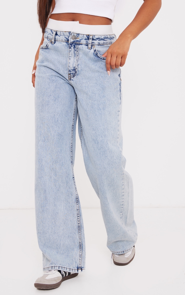 Blue Acid Wash Boxer Detail Waistband Wide Leg Jeans image 2