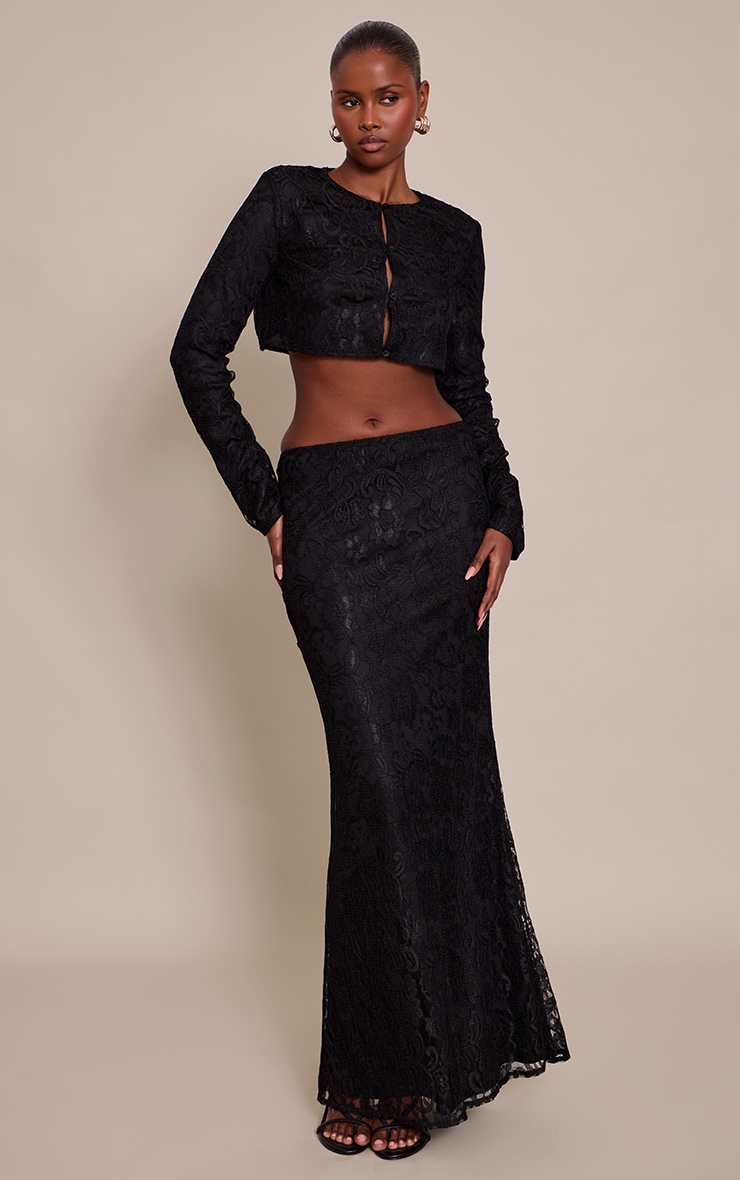 Black Lace Button Long Sleeve Cropped Top image 3