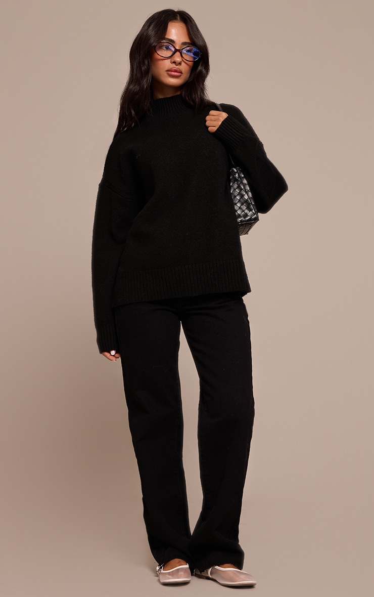 Petite Black Knit Oversized Polo Neck Sweater image 3