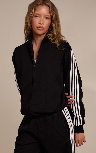Black Double Side Stripe Zip Up Bomber Jacket
