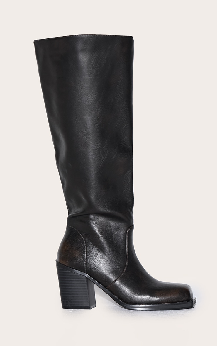 Brown Burnish Pu Square Toe High Block Heel Knee High Boots image 5
