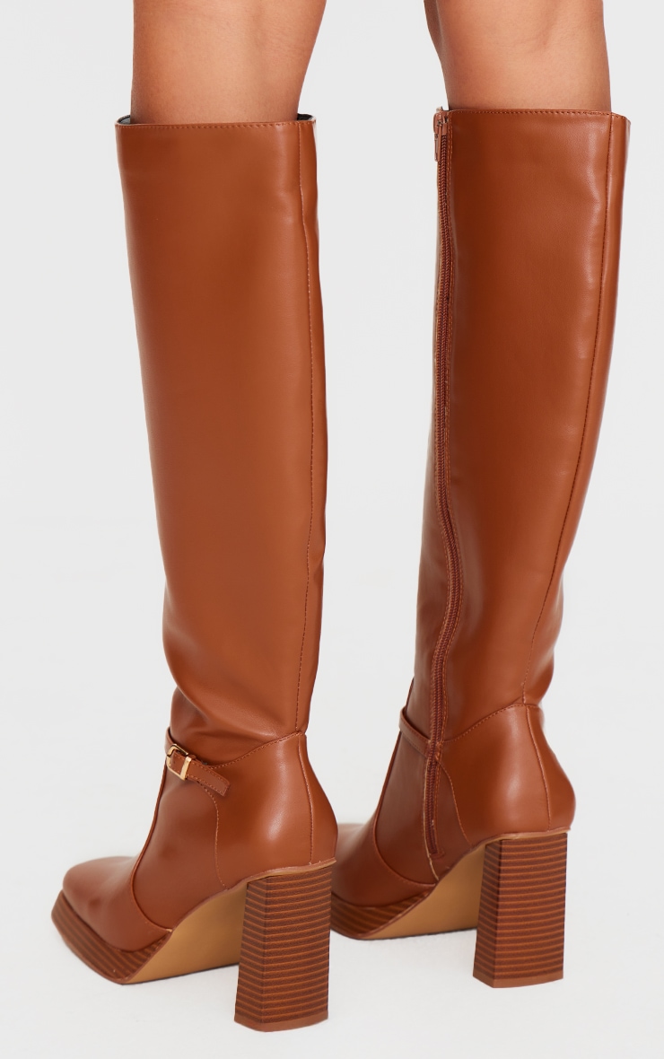 Tan PU Round Toe Gold Buckle Knee High Heeled Boots image 4