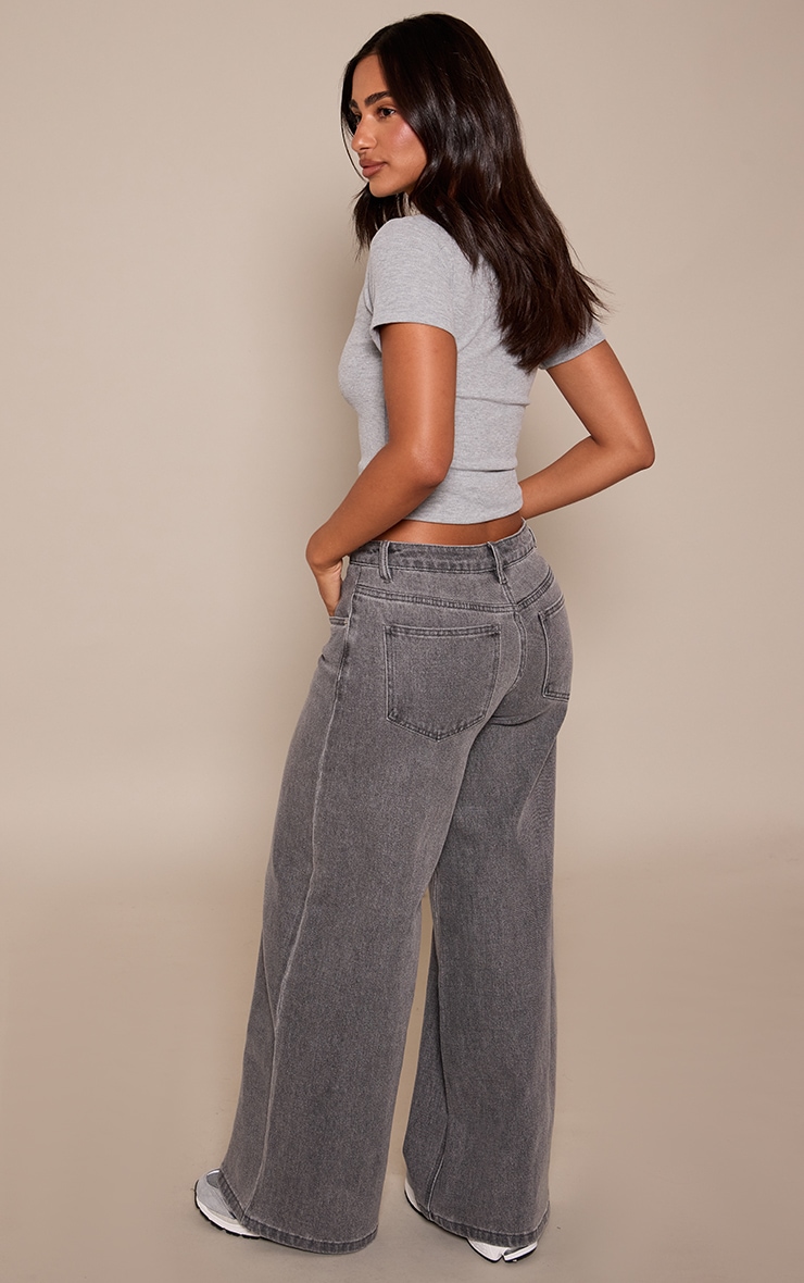 Petite Grey Mid Rise Stretch Wide Leg Jeans image 3