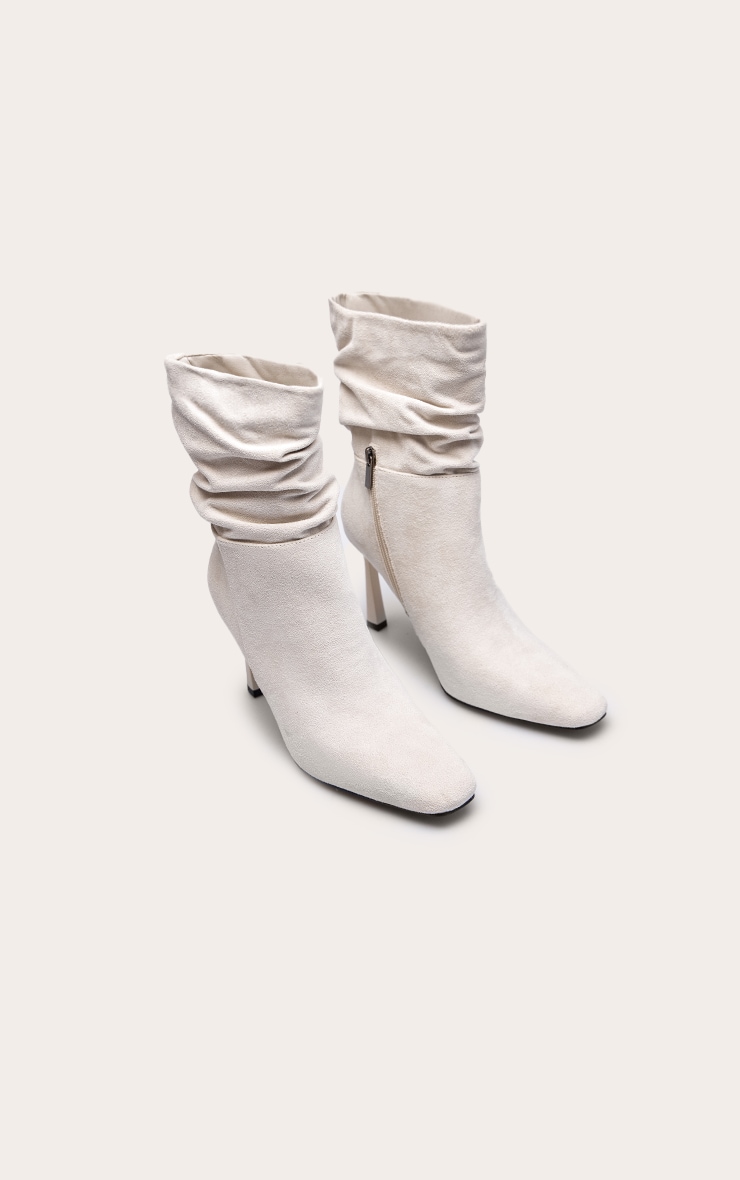Cream Faux Suede Ruched Chiseled Toe Ankle Boots image 3