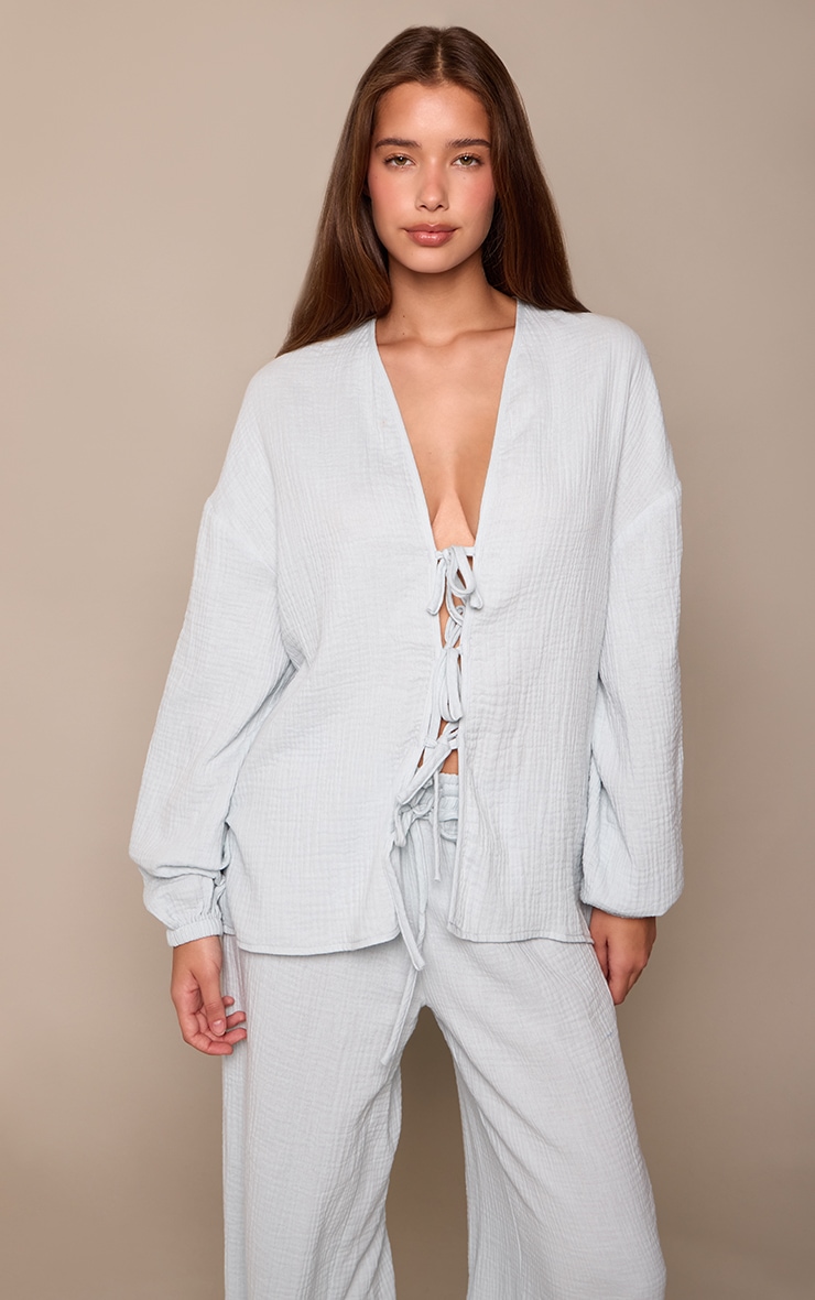 Blue Textured Cheesecloth Tie Front Shirt