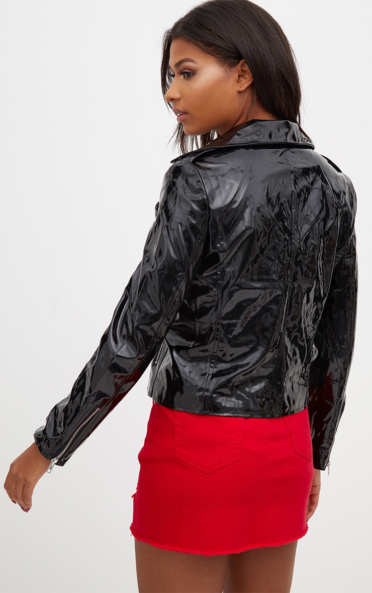 Black Vinyl Biker Jacket Coats & Jackets PrettyLittleThing