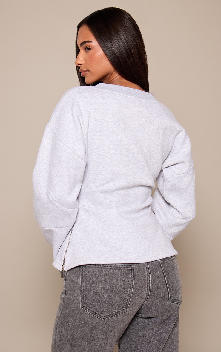 Petite Ash Grey V Neck Cinched Waist Sweatshirt  image 2