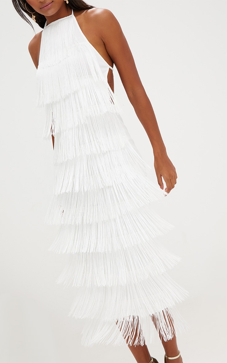 White Tassel Halterneck Midi Dress. Dresses PrettyLittleThing