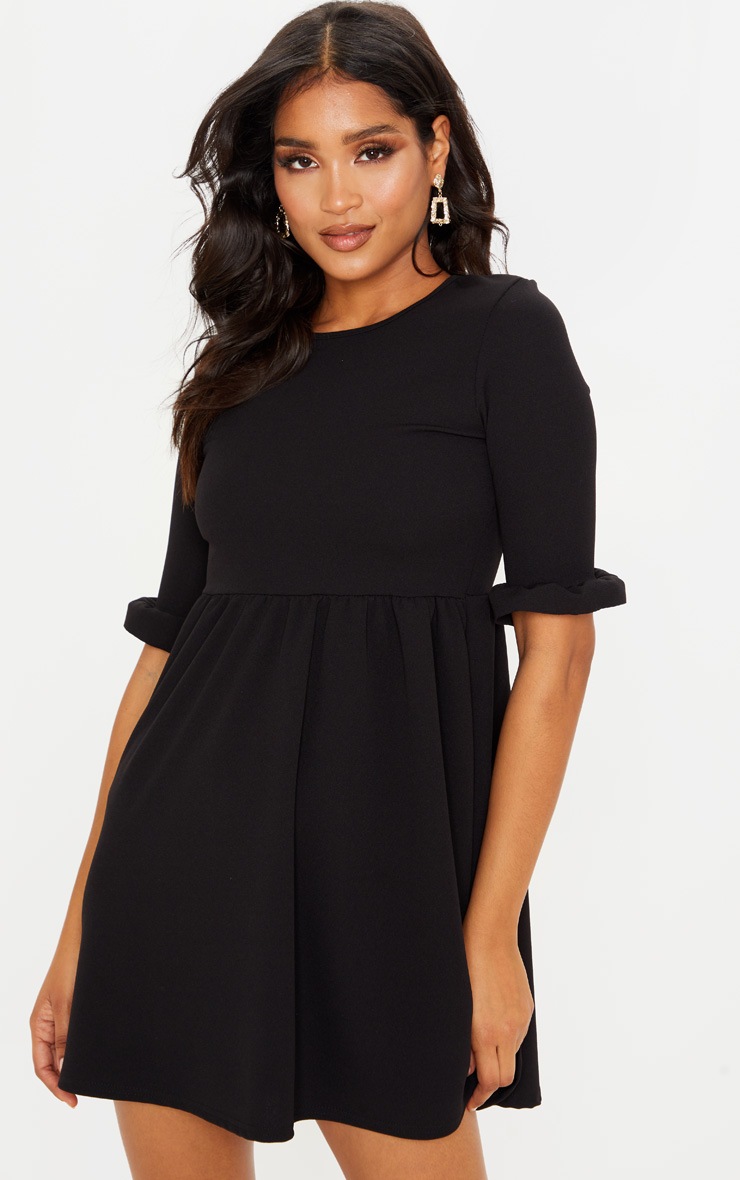 Black Frill Sleeve Detail Crepe Smock Dress