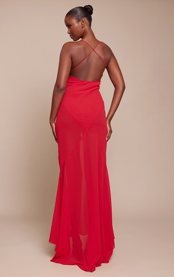 Robe longue en mousseline de soie rouge à col en V image 2