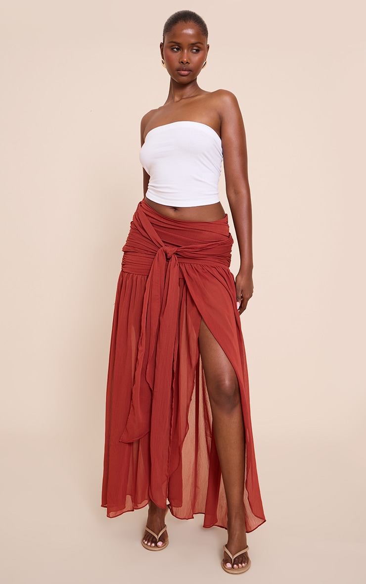 Rust Chiffon Lined Tie Front Maxi Skirt image 1