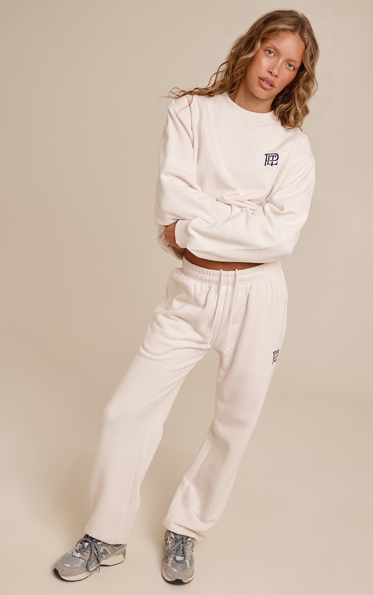 Cream PLT Embroidered Cotton Fleece Oversized Crew Sweatshirt image 3