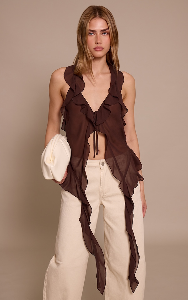 Dark Chocolate Chiffon Ruffle Drape Detail Longline Top