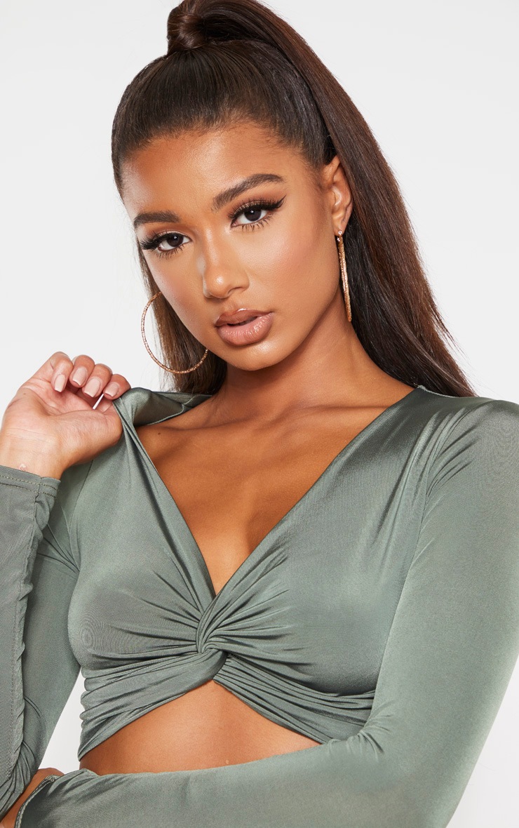 Khaki Slinky Twist Front Long Sleeve Crop Top image 5