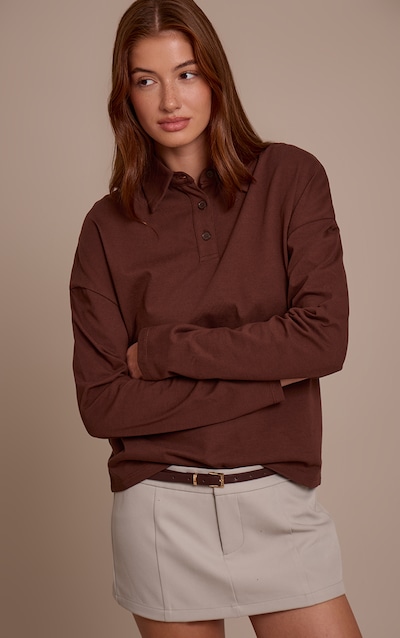 Chocolate Cotton Polo Collar Long Sleeve Top