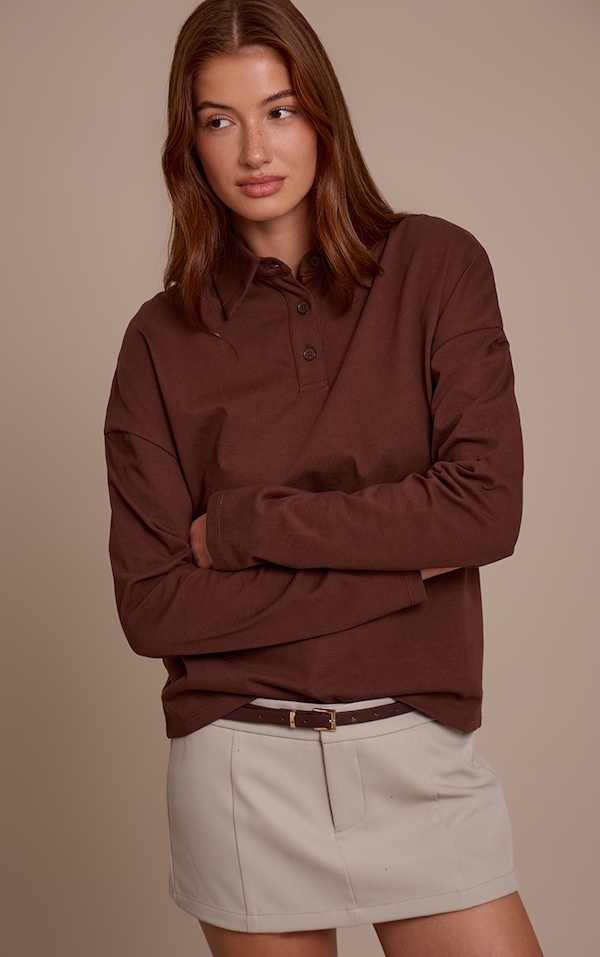 Chocolate Cotton Polo Collar Long Sleeve Top 