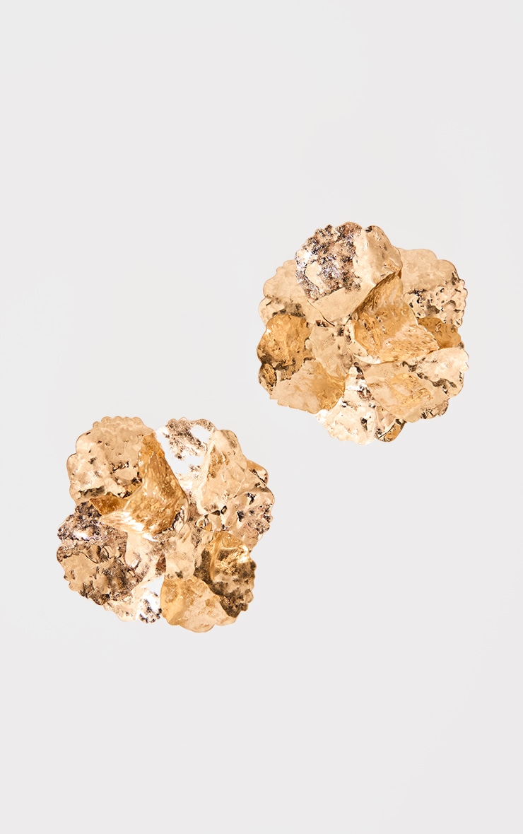 Gold Crinkle Flower Statement Earrings image 2