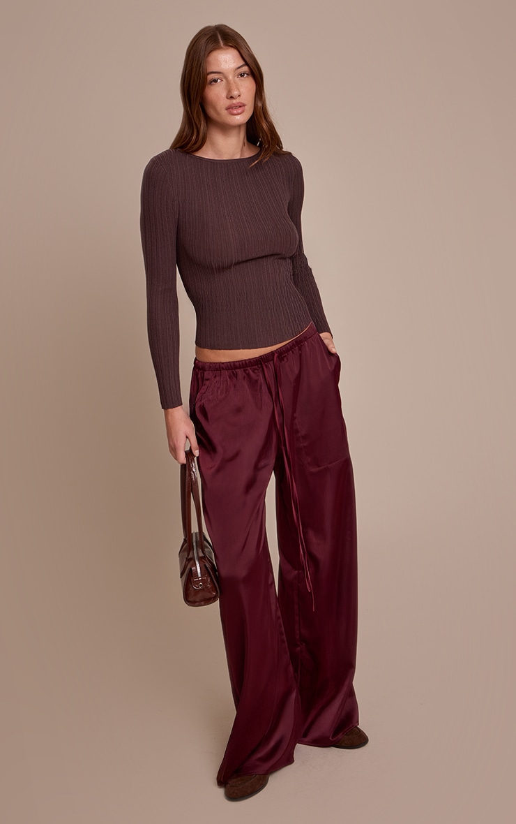 Burgundy Satin Low Rise Wide Leg Drawstring Pants image 1
