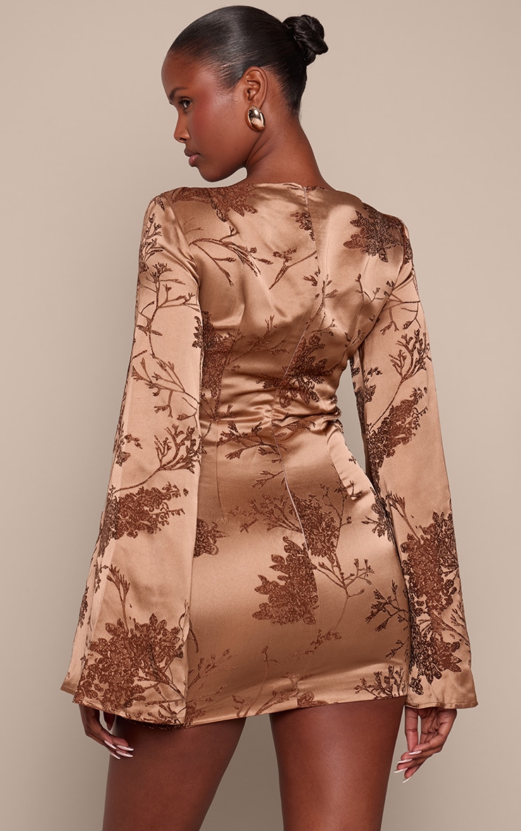 Gold Jacquard Boat Neck Flute Sleeve Mini Dress image 2