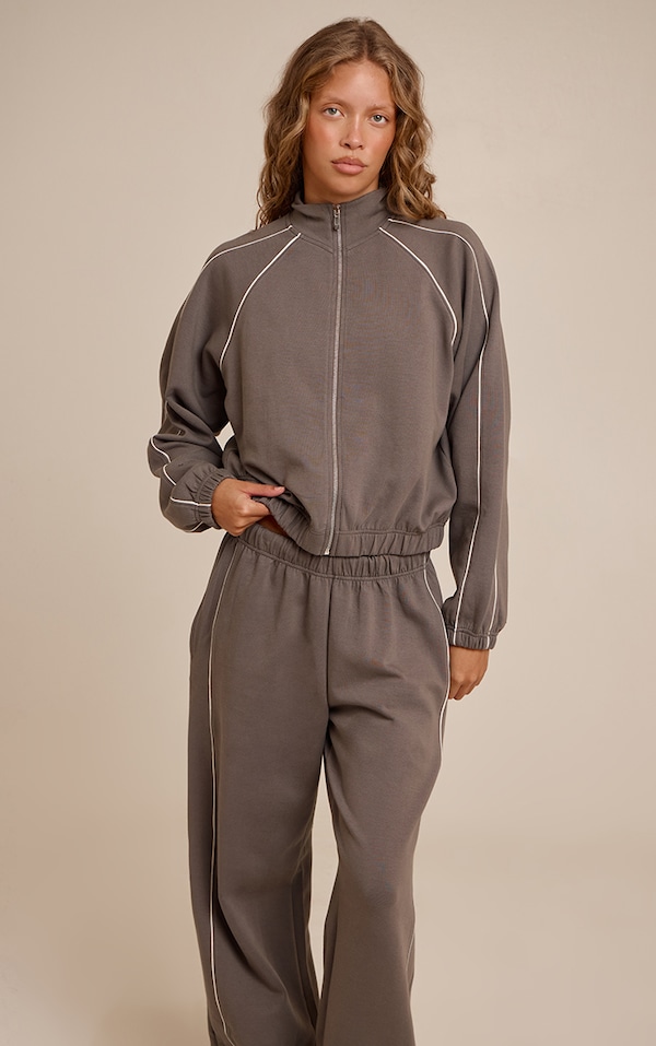 Charcoal Interlock Contrast Piping Bomber Sweatshirt