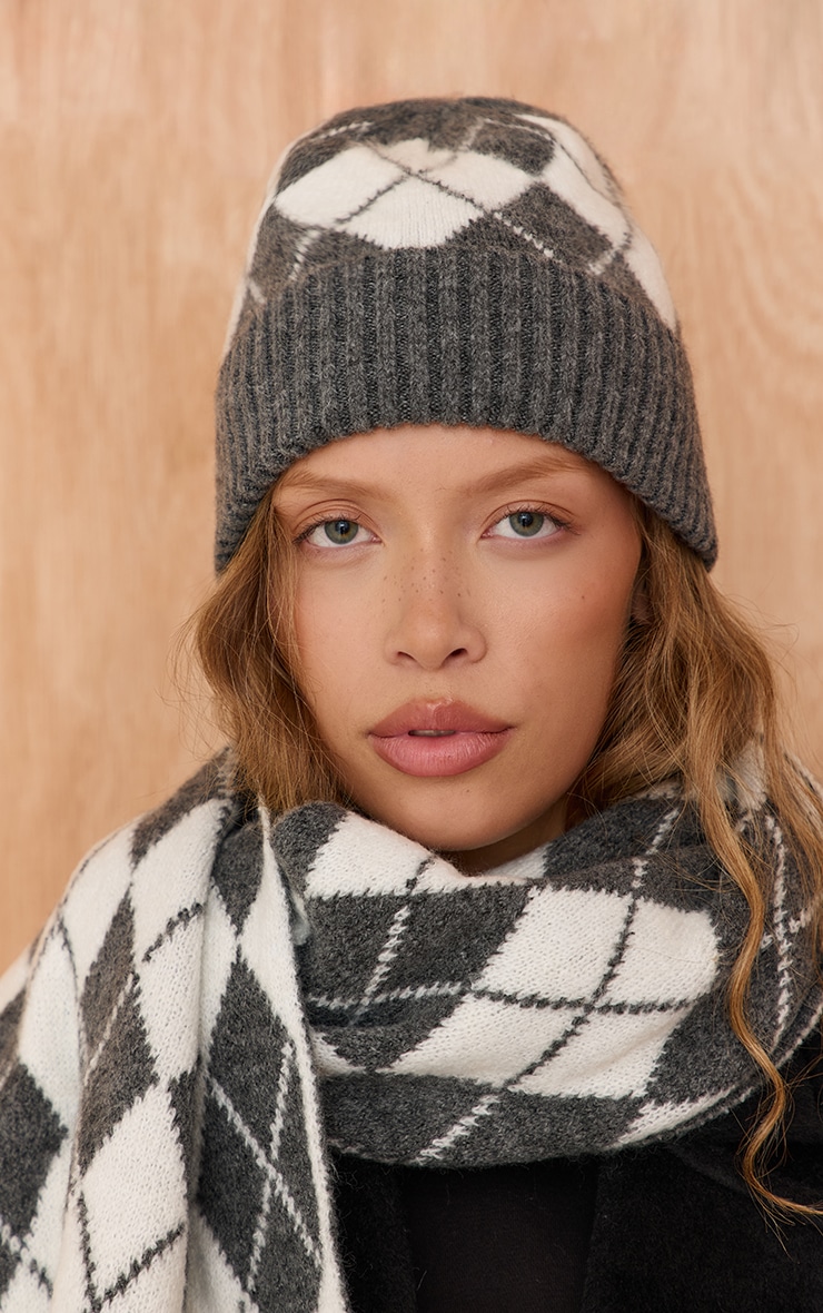 Charcoal Argyle Knitted Scarf image 1