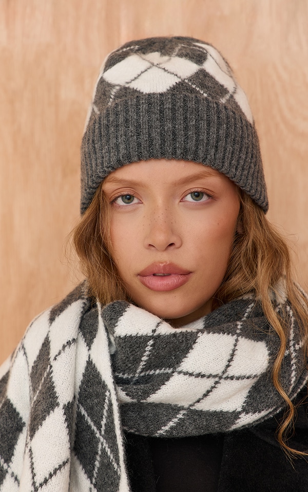 Charcoal Argyle Knitted Scarf