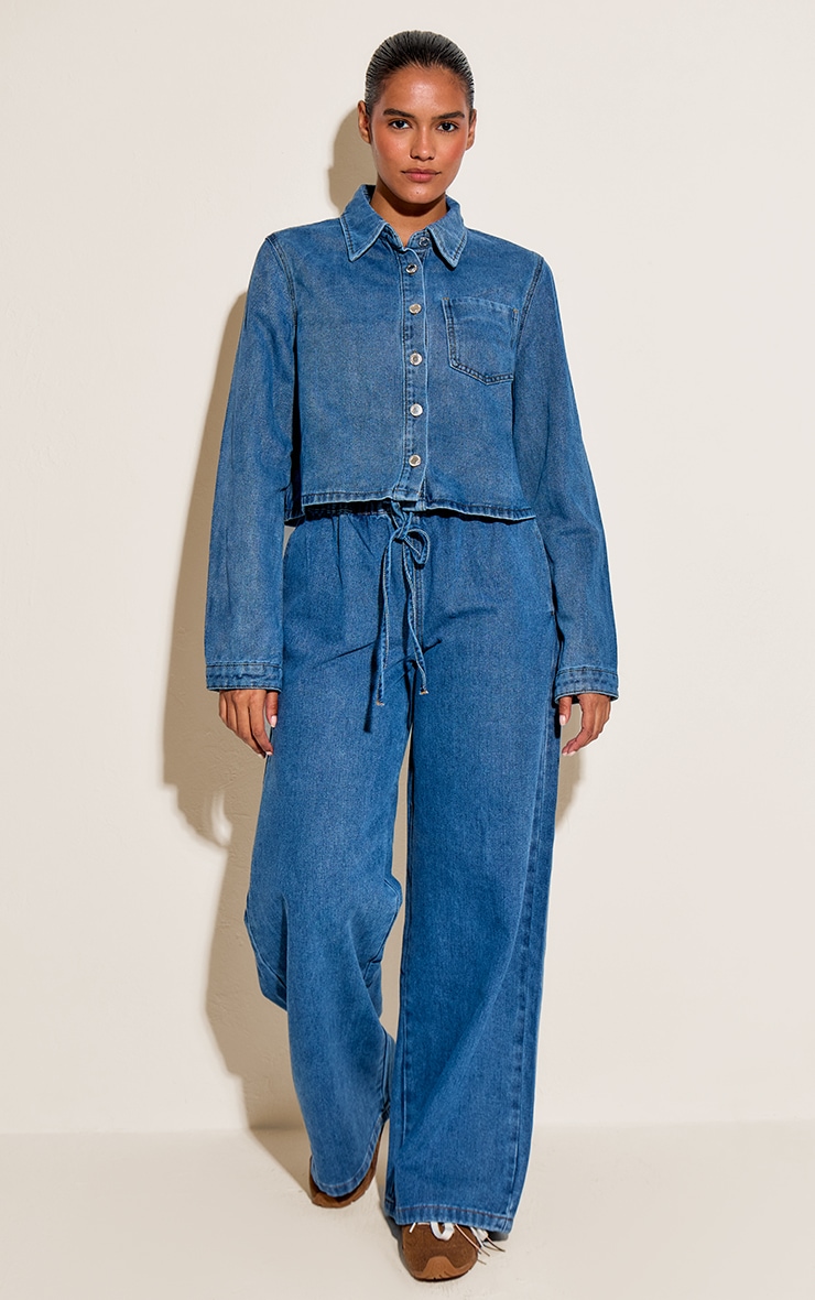  Mid Blue Wash Relaxed Long Sleeve Cropped Denim Shirt image 3